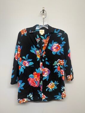 Anthropologie Maeve Black Button-Down Top with Teal & Blue Leaf Print